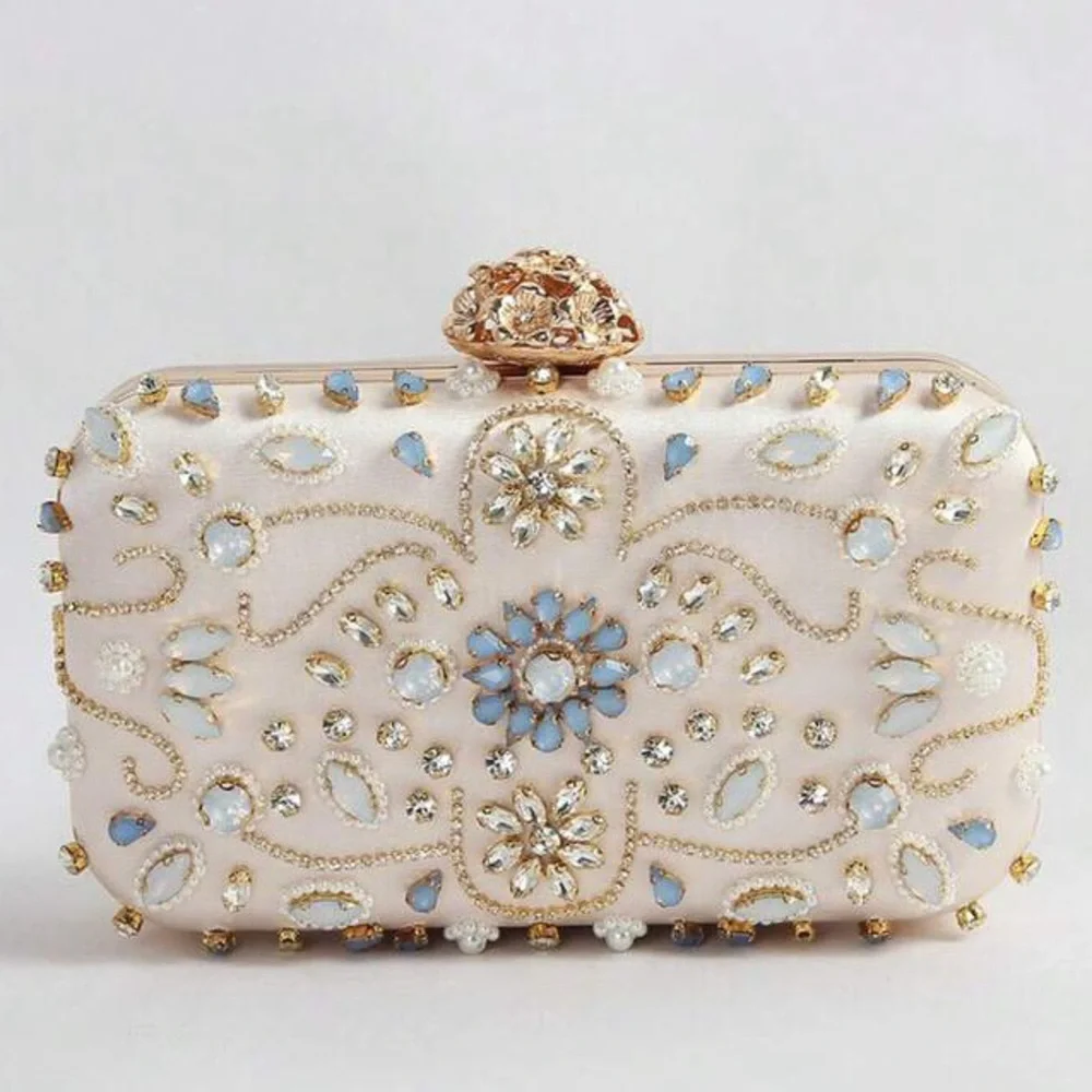 Embellished Ivory Crystal Evening Clutch with Gold Chain